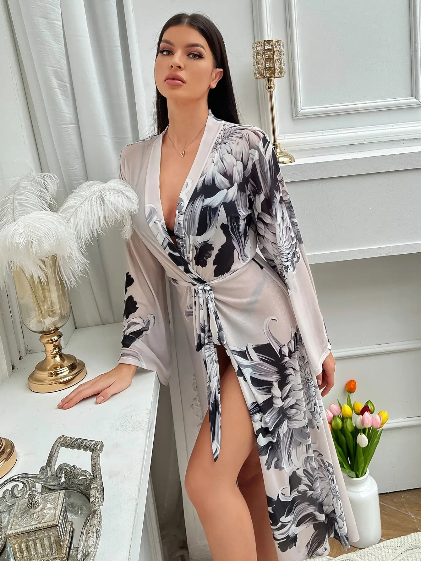 Print Belted Bridesmaid Robe Open Side Long Night Gown - Image 2