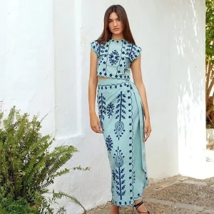 Print Cropped Top High Waist Lace up Vacation Style Skirt Two Piece Set