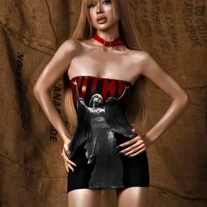 Print Off Shoulder Sleeveless Backless Skinny Peach Hip Mini Dress