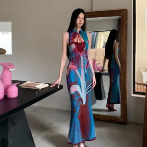 Printed Color Blocked Retro Design Slim Fit Long Skirt Dress