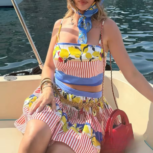 Printed Creative Graffiti Short Suspender Top Or Pleated Mini Skirt Set