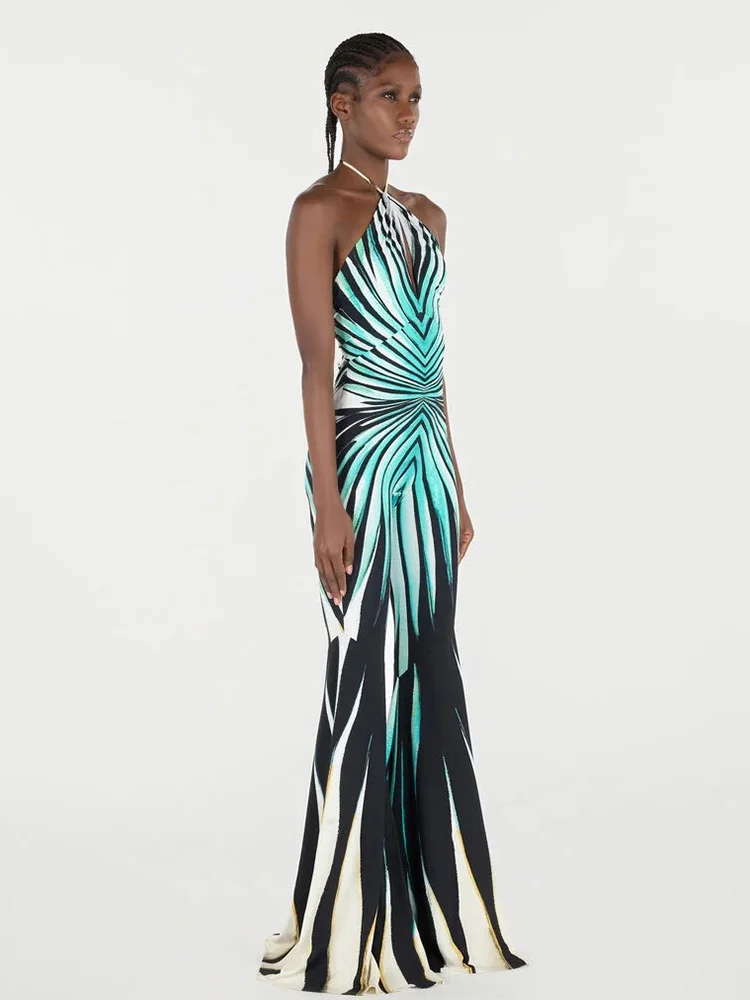 Printed Halter Hollow Out Striped Skinny Flare Pants Streetwear Rompers Jumpsuits - Image 3