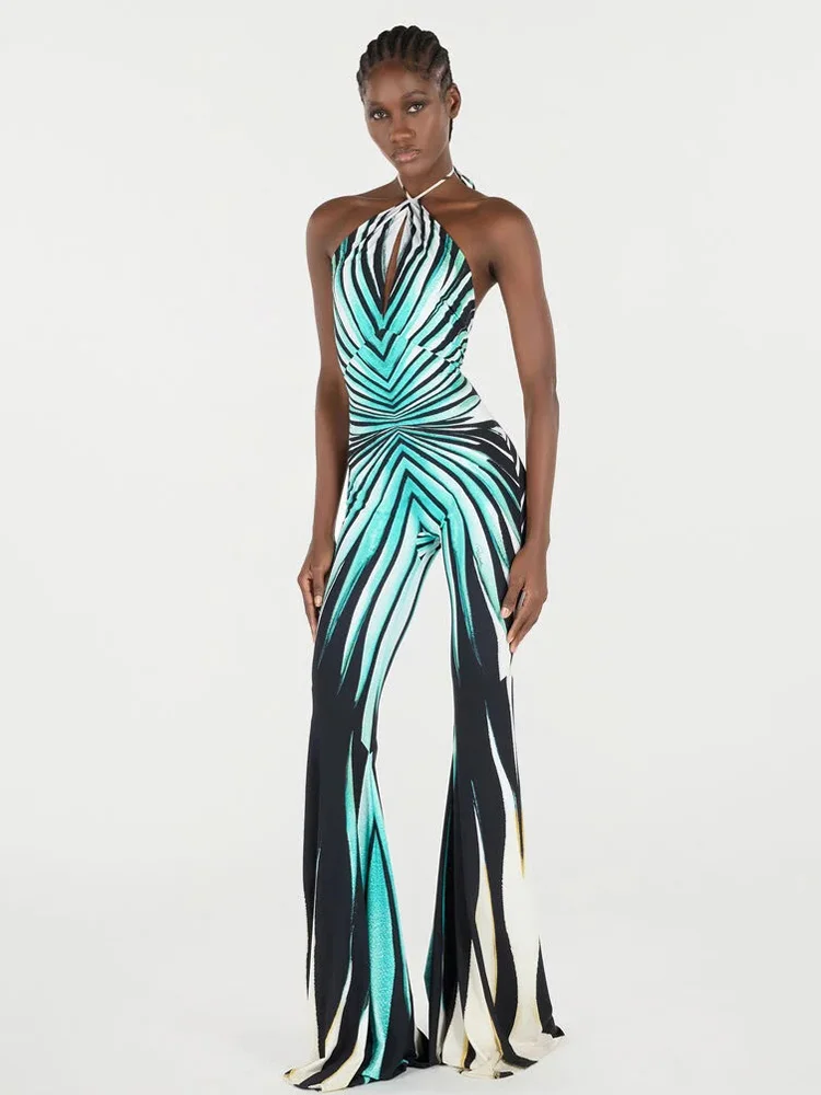 Printed Halter Hollow Out Striped Skinny Flare Pants Streetwear Rompers Jumpsuits - Image 4