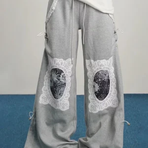 Printing Slimming High Waist Minimalist Loose Casual Spliced Lace Up Pants