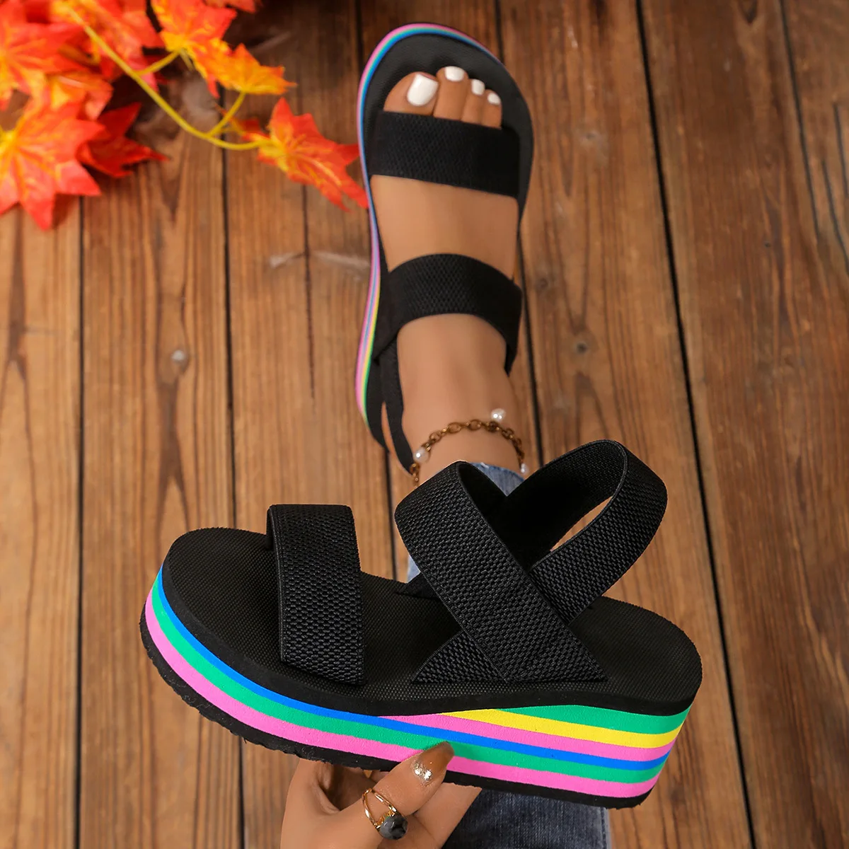 Rainbow Sole Soft EVA Light Weight Summer Wedges Sandals - Image 3