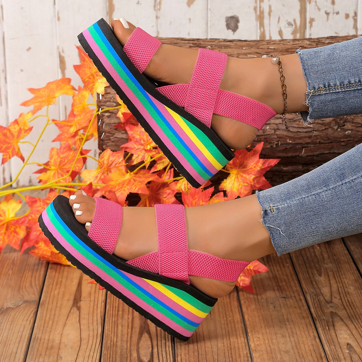 Rainbow Sole Soft EVA Light Weight Summer Wedges Sandals - Image 5