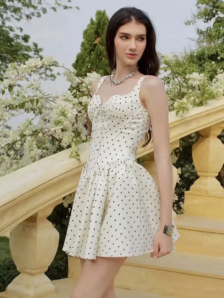 Retro Polka Dot Sleeveless With Back Shirring Mini Dress - Image 2