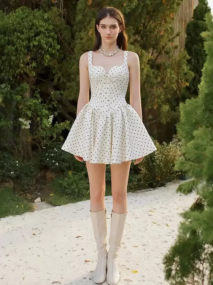 Retro Polka Dot Sleeveless With Back Shirring Mini Dress - Image 4