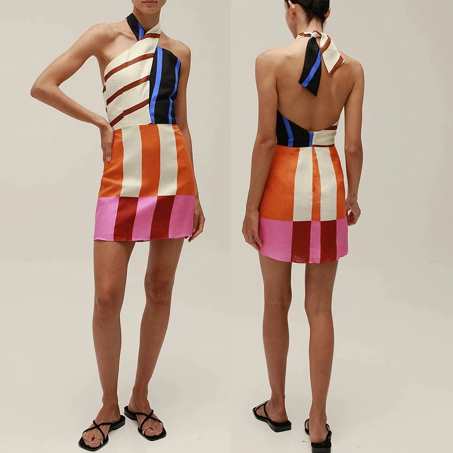 Retro Print Sweet Backless Sleeveless Halter Vacation Beach Style Short Dress - Image 4