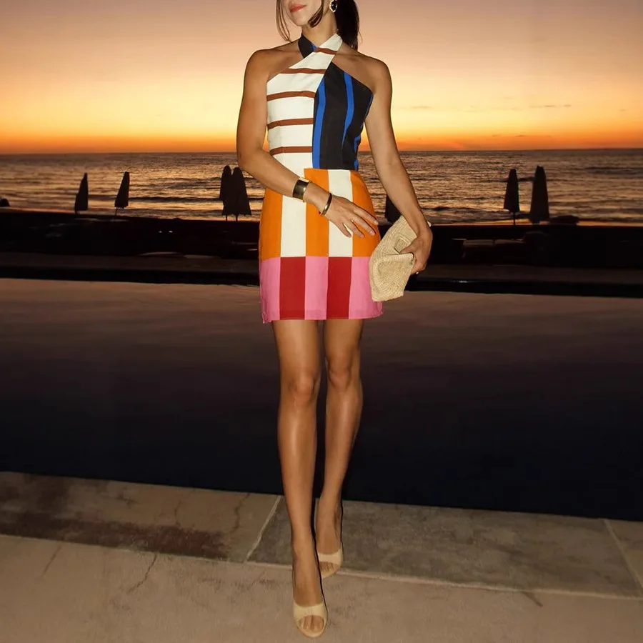 Retro Print Sweet Backless Sleeveless Halter Vacation Beach Style Short Dress - Image 2