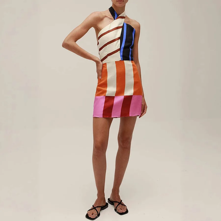 Retro Print Sweet Backless Sleeveless Halter Vacation Beach Style Short Dress