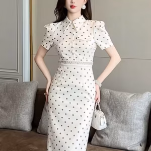 Elegant Shirt Dot Print Lapel Slim Midi Pencil Knee Length Dress