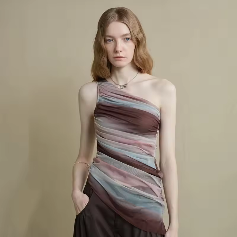 Retro Single Shoulder Slant Shoulder Design Mesh Top