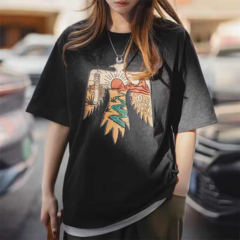 Retro Style Thunderbird Print Heavyweight Embroidered Short Sleeve T-Shirt - Image 2