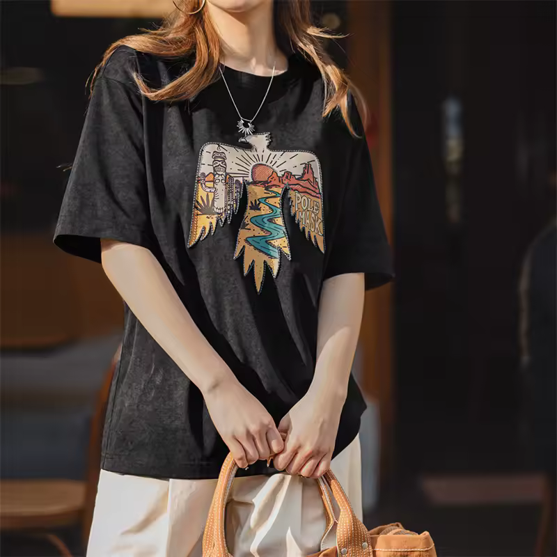 Retro Style Thunderbird Print Heavyweight Embroidered Short Sleeve T-Shirt