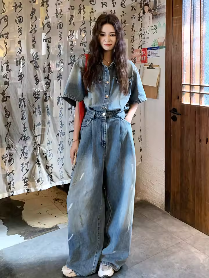 Retro Vintage Denim Loose Slimming Casual Wide Leg Jumpsuit