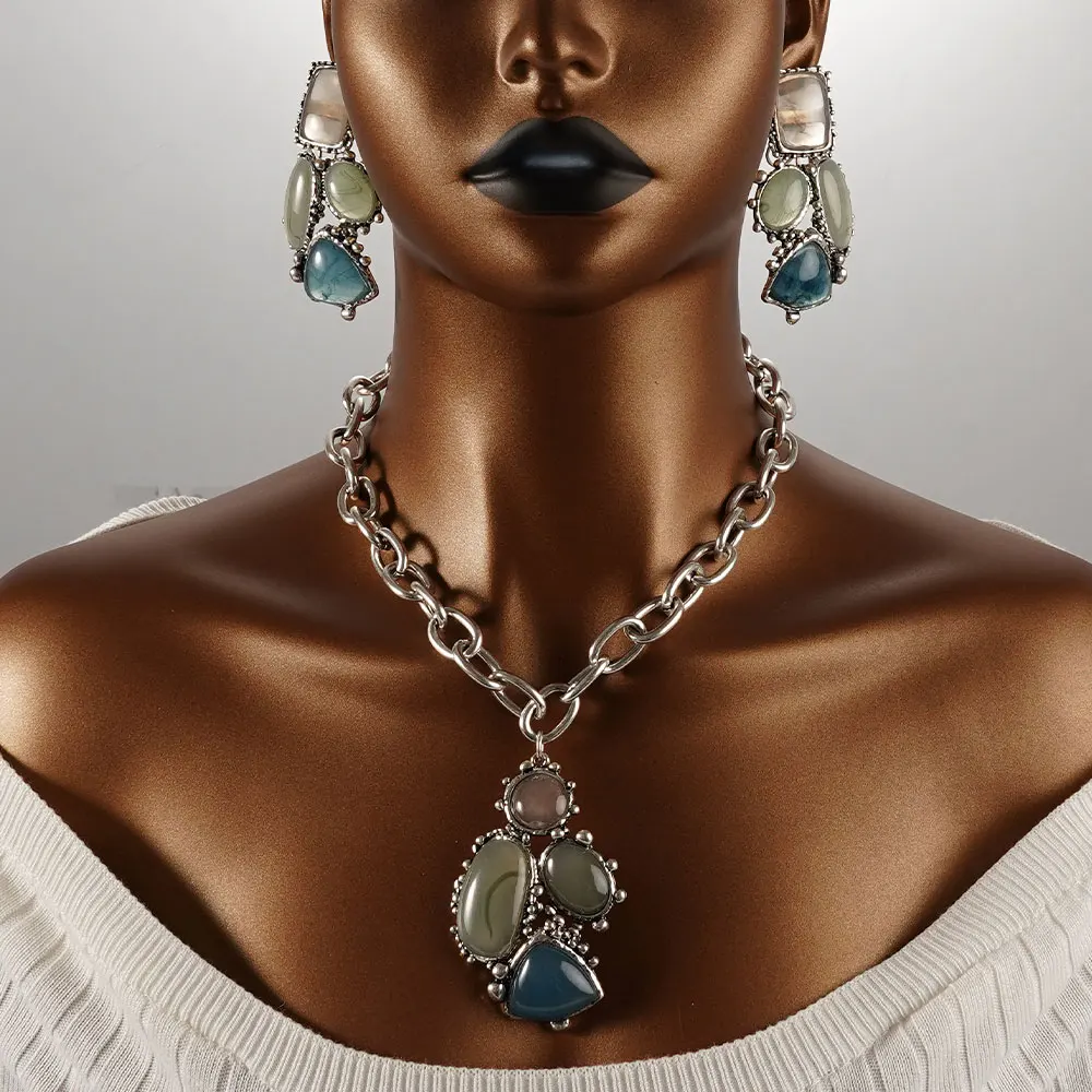 Retro Zircon Plant Link Chain Stainless Steel Long Earring Necklace Jewellery Set