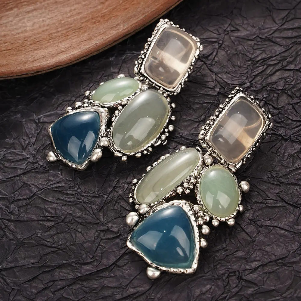 Retro Zircon Plant Link Chain Stainless Steel Long Earring Necklace Jewellery Set - Image 4