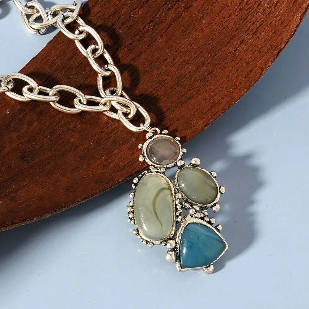 Retro Zircon Plant Link Chain Stainless Steel Long Earring Necklace Jewellery Set - Image 2