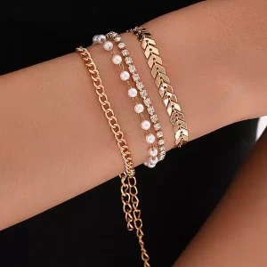 Rhinestone Pearl Sequenced Arrow Multi-Chain Resort Wear 4PCS Beacelet
