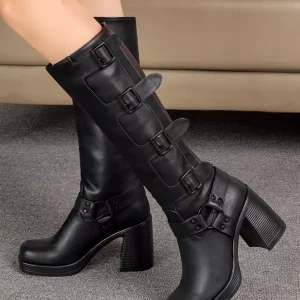 Rubber Square Toe Buckle Detail Chunky Mid Length Riding Boots