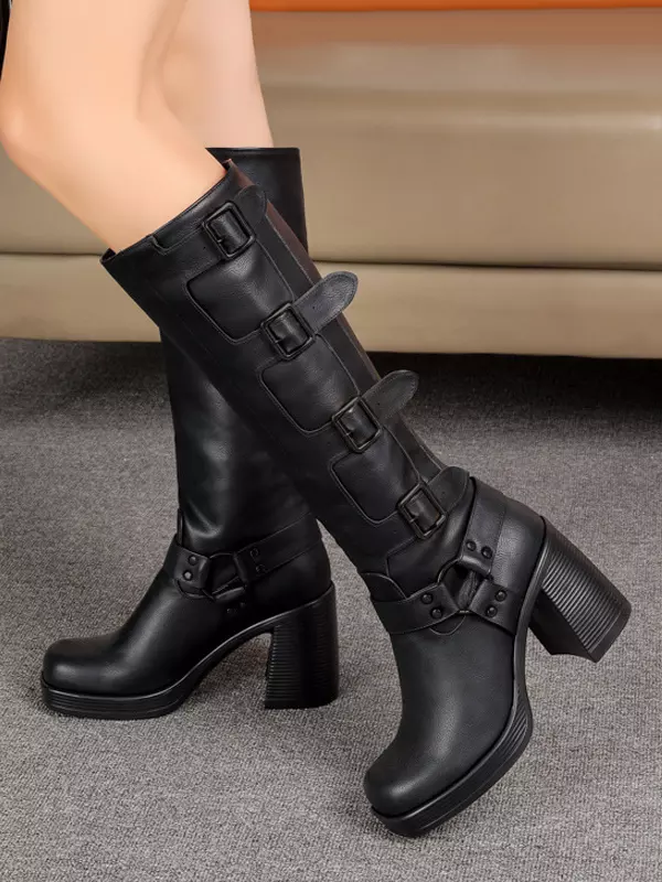 Rubber Square Toe Buckle Detail Chunky Mid Length Riding Boots