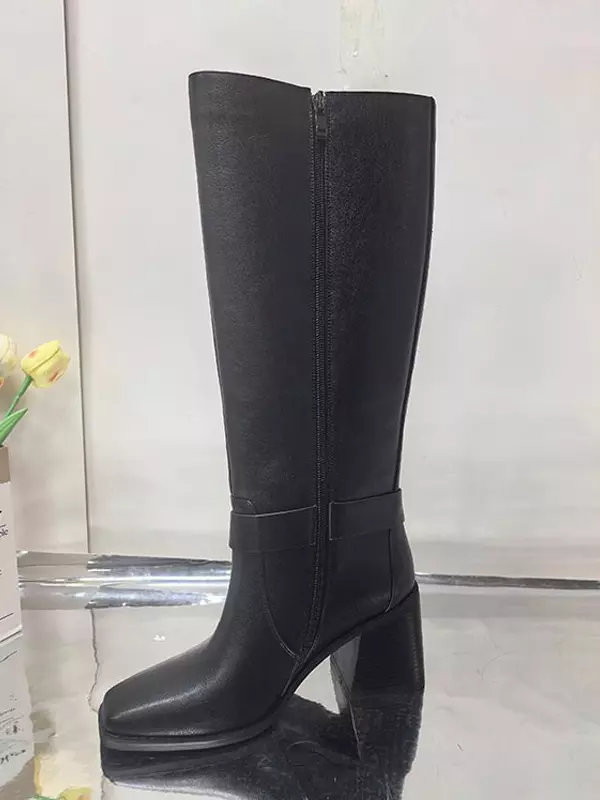 Rubber Square Toe Buckle Detail Chunky Mid Length Riding Boots - Image 3