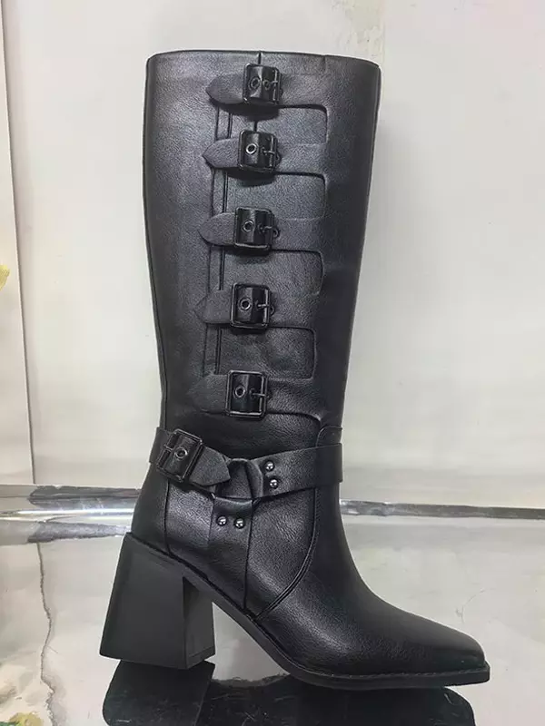 Rubber Square Toe Buckle Detail Chunky Mid Length Riding Boots - Image 4