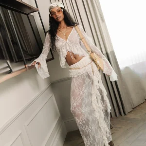 Ruffle Lace Maxi Skirt See Through Slim Club Party Beach Holiday Two Piece Set