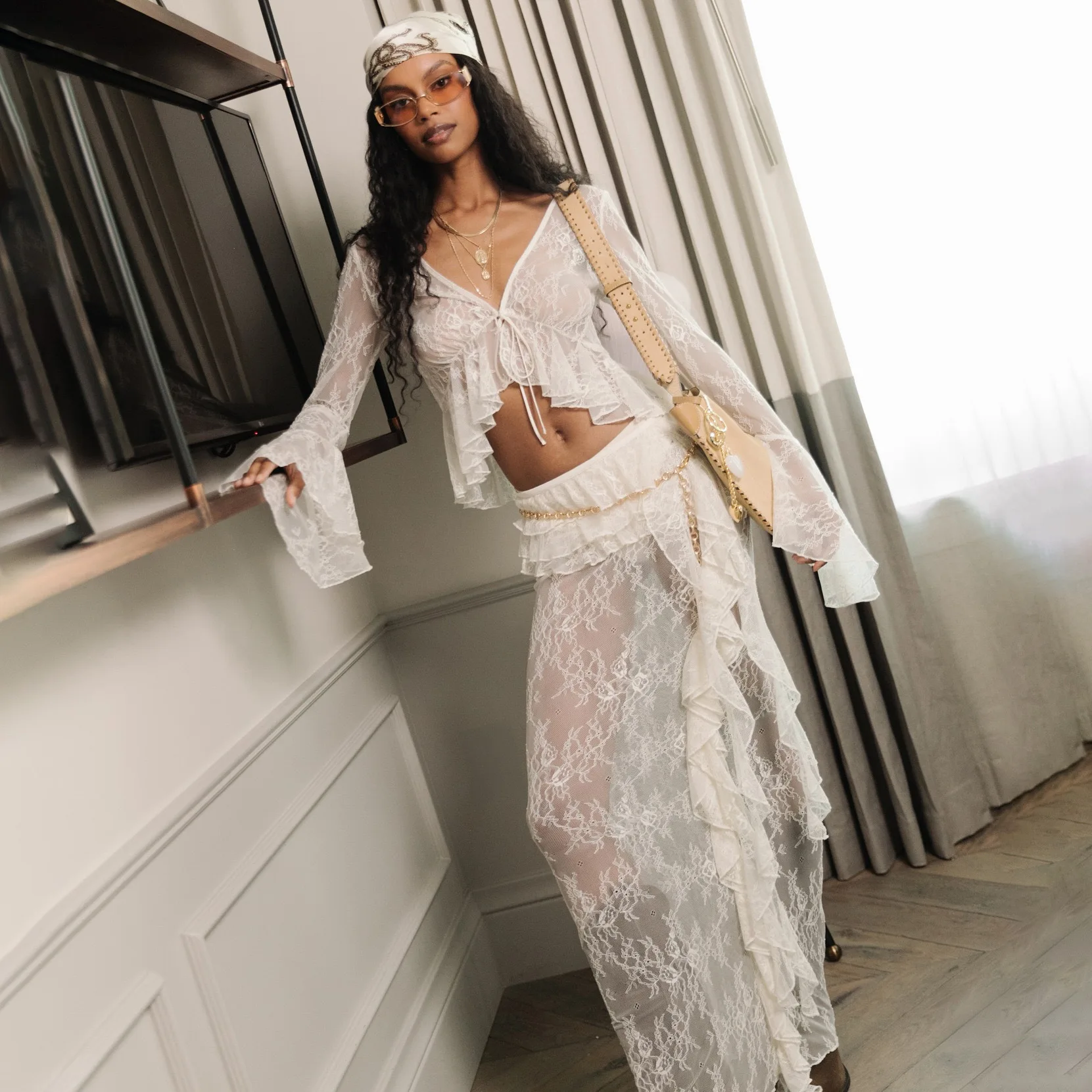 Ruffle Lace Maxi Skirt See Through Slim Club Party Beach Holiday Two Piece Set