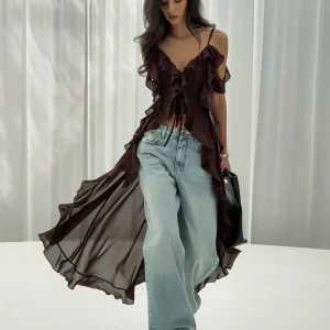 Ruffle V-neck Irregular Mesh See Through Sleeveless Chic Mid-length Dress