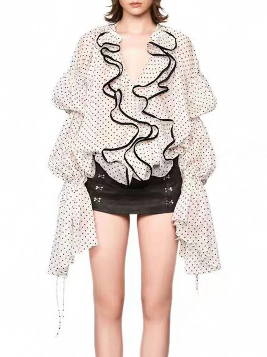 Ruffles Loose Blouses V Neck Long Sleeve Temperament Shirts