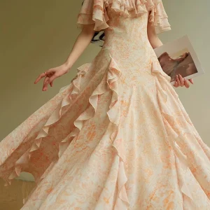 Ruffles O Neck Short Sleeve High Waist Temperament Slimming Dress