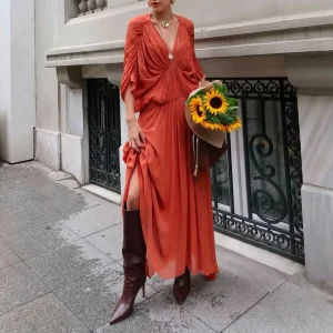 Solid Spliced Folds V Neck Short Sleeve High Waist Temperament Dress