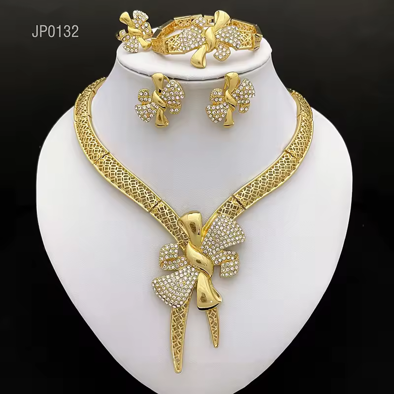Classic Design Bowknot 18k Gold Plated Necklace Earring Bracelet And Ring 4PCS Set
