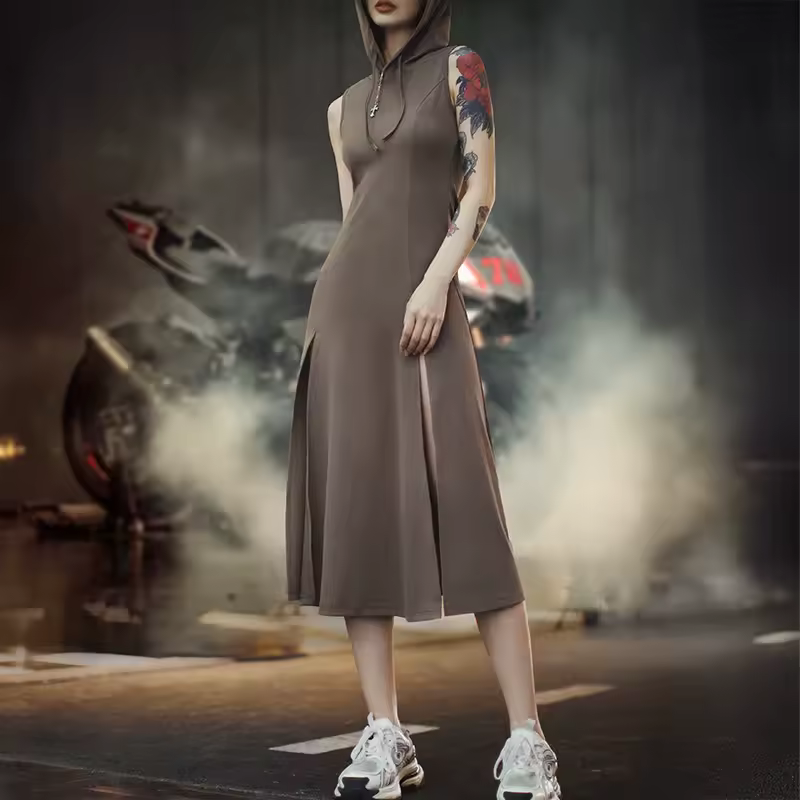 Sleeveless High-Slit Hooded Waist Cinching Backless Evening Bodycon Dress