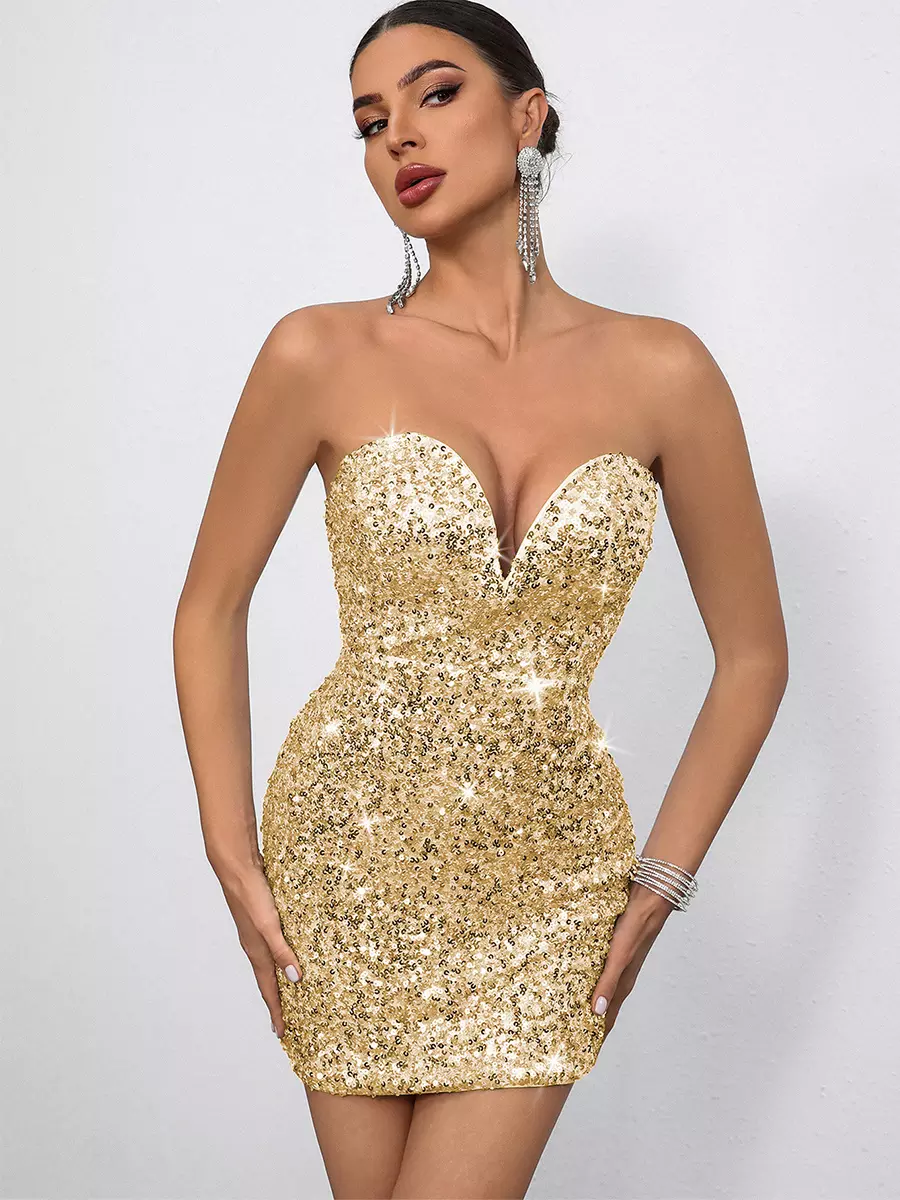 Sequin Sweetheart Neck And Bow Back For Parties Bodycon Mini Dress