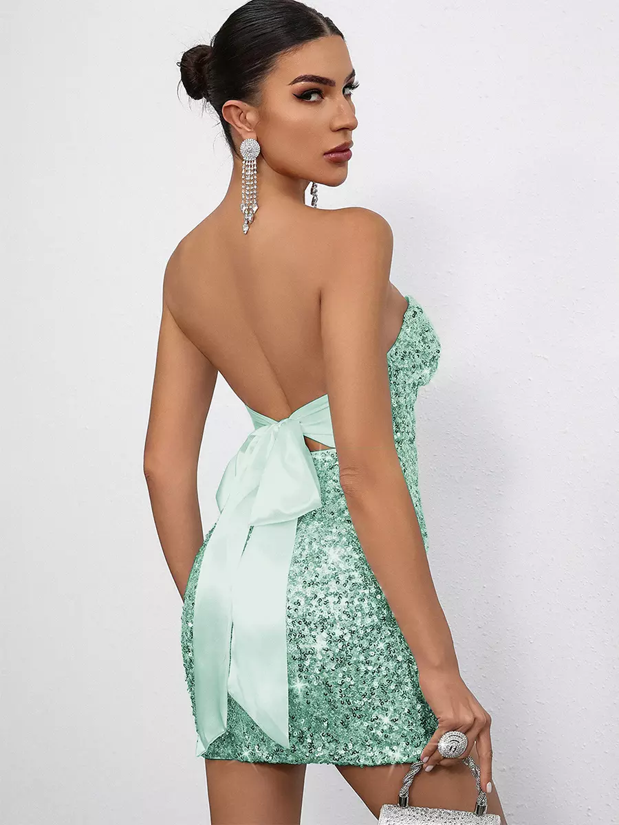 Sequin Sweetheart Neck And Bow Back For Parties Bodycon Mini Dress - Image 17