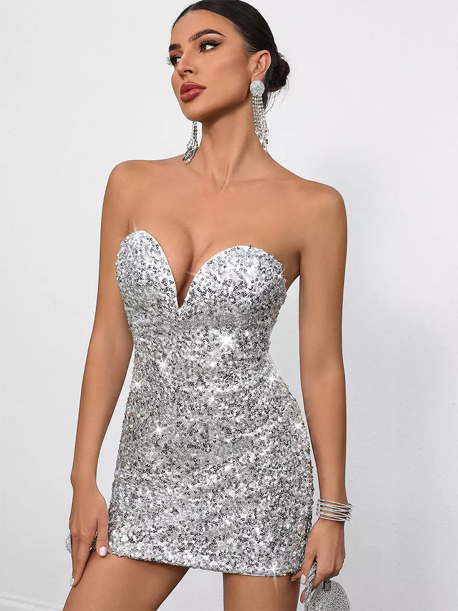 Sequin Sweetheart Neck And Bow Back For Parties Bodycon Mini Dress - Image 6