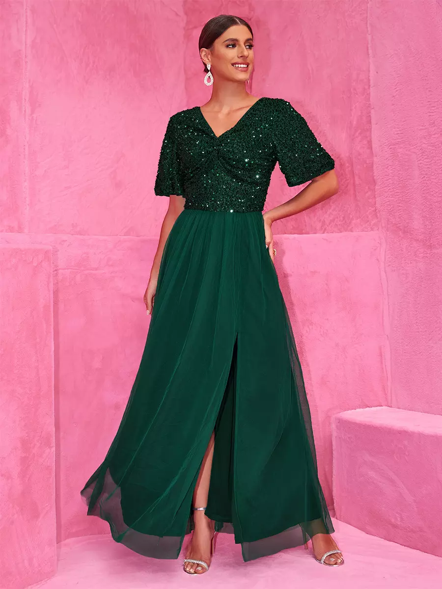 Sequined With High Slit For Evening Events Maxi Party Dress - Image 2