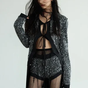 Sequines V Neck Long Sleeve Patchwork Lace Up Top High Waist Shorts Two Piece Set