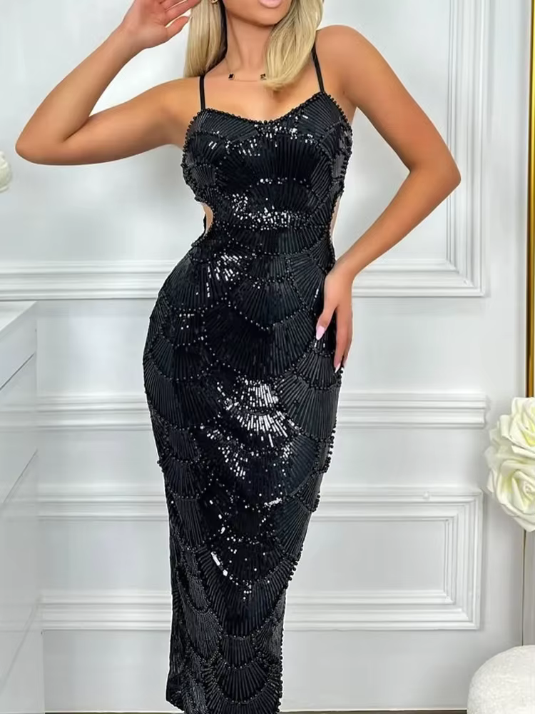 Sequins Beaded Cut-Out Pearls Embellished Backless Corset Party Dresses - Image 3
