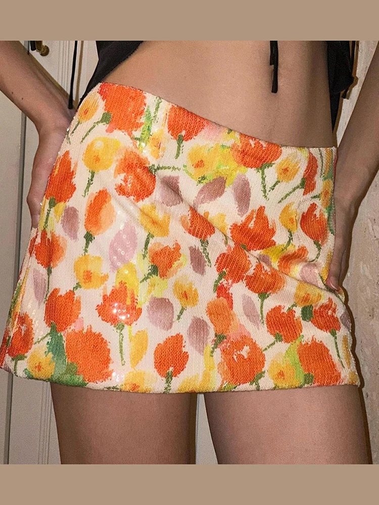 Sequins Flower Print Style Skinny Culotes Street Hottie Trend Party Clubwear Skirts - Image 6