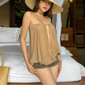 Simple Classic Solid Slim Beach Party Vacation Street Clubwear Tees Split Tube Tops