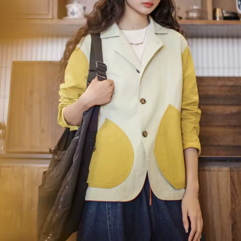 Single Button Patchwork Coat With Irregular Pockets Outwear Lapel Work Jacket