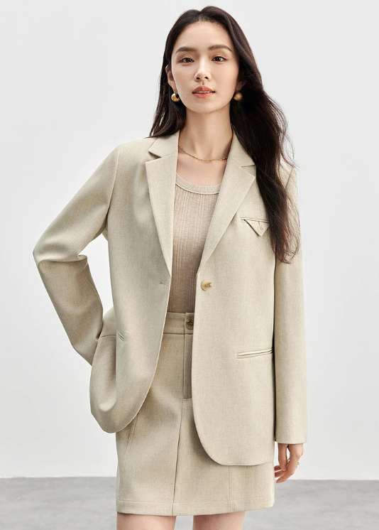 Skirt Suits Linen Blend Shoulder-pads Single Button Blazer And Skirt Two Piece Sets - Image 7