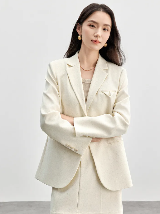 Skirt Suits Linen Blend Shoulder-pads Single Button Blazer And Skirt Two Piece Sets - Image 2