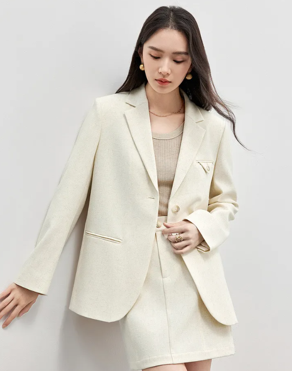 Skirt Suits Linen Blend Shoulder-pads Single Button Blazer And Skirt Two Piece Sets - Image 4