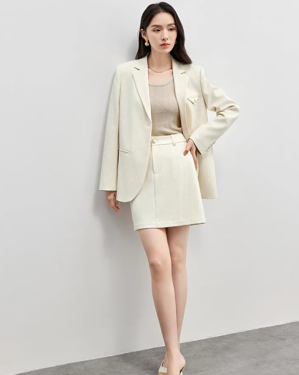 Skirt Suits Linen Blend Shoulder-pads Single Button Blazer And Skirt Two Piece Sets