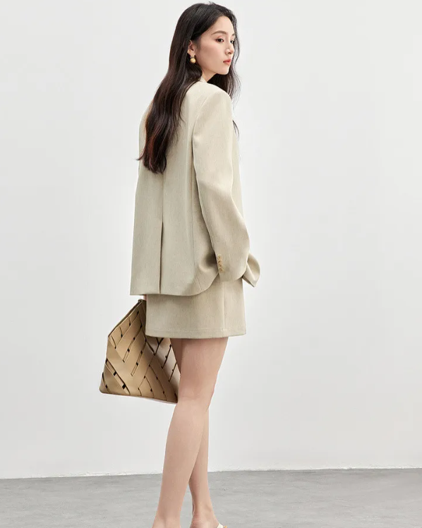Skirt Suits Linen Blend Shoulder-pads Single Button Blazer And Skirt Two Piece Sets - Image 8